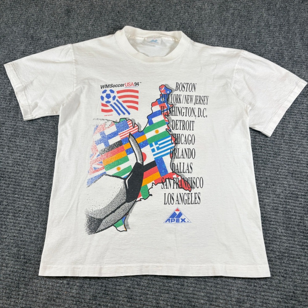 Vintage Apex One World Cup USA 94 Soccer Graphic T-Shirt White Small 90s Mens